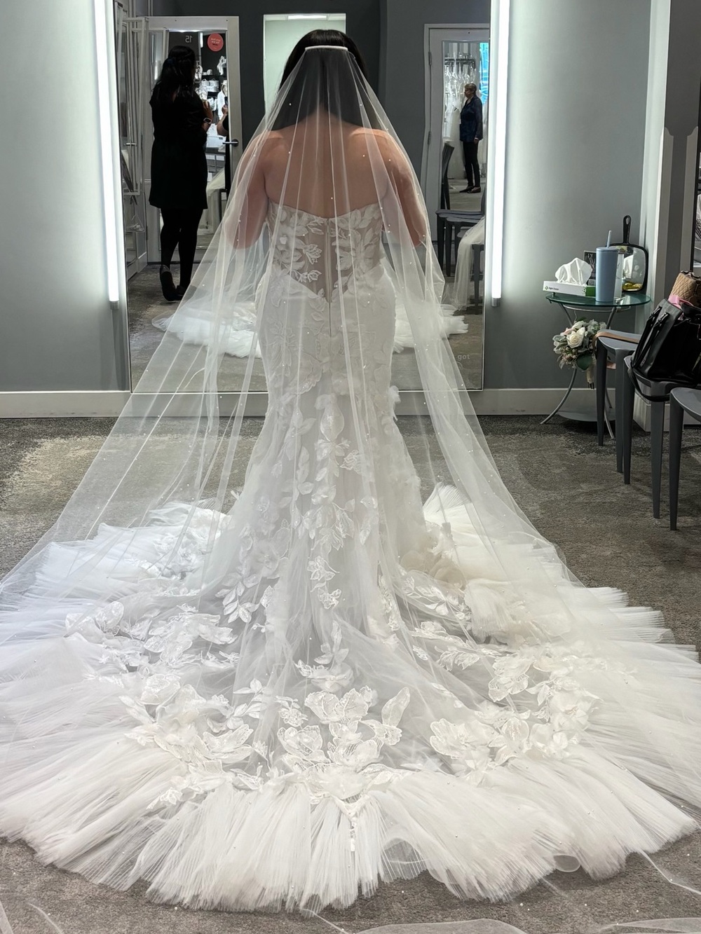 David's Bridal White Lace Floral Appliqué Wedding Gown with Cathedral Veil